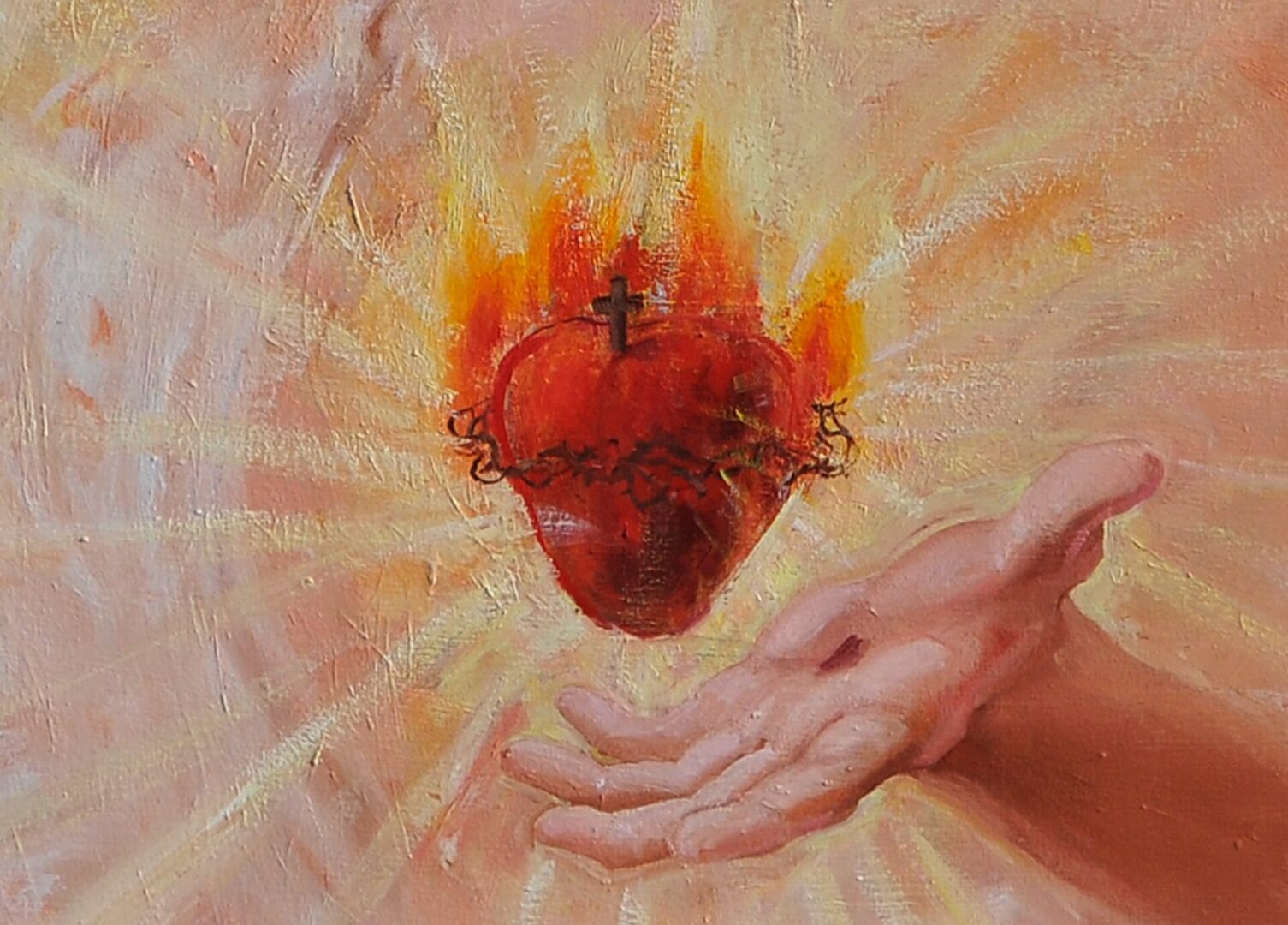 A painting of a heart in flames with hands