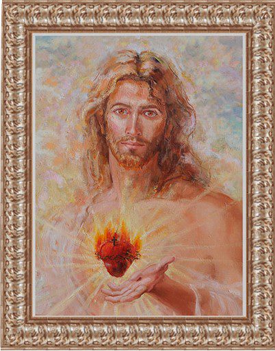 A painting of jesus holding the sacred heart.